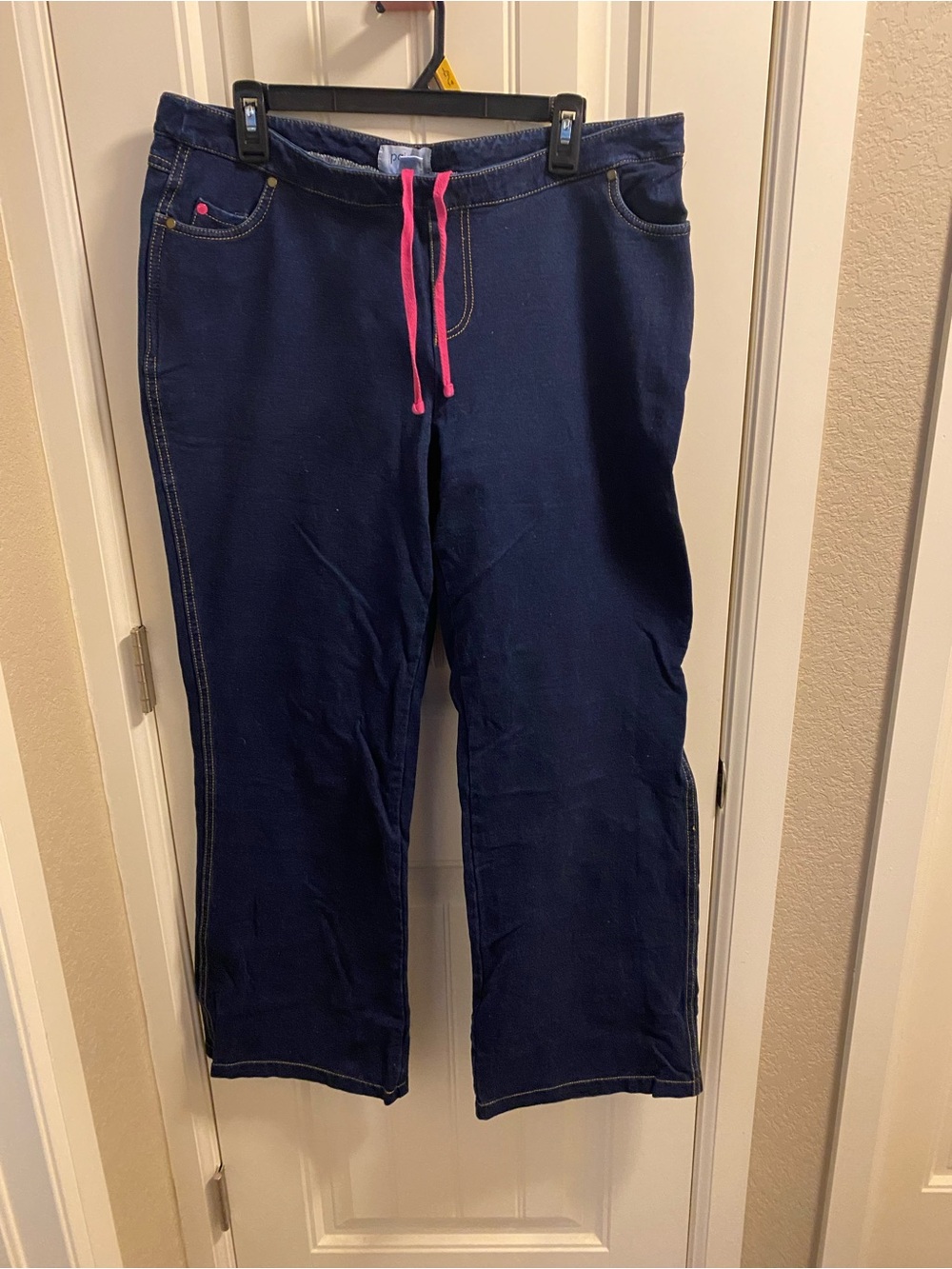Pajama Jeans XL Dark Blue Stretch Denim Pull On Pink Drawstring